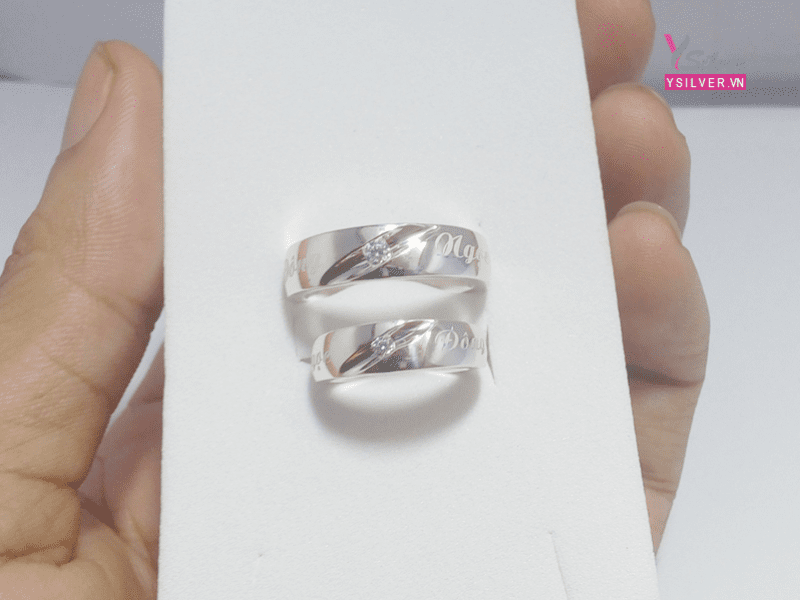  Nhẫn bạc cặp khắc chữ đính đá - Stone Tag 2